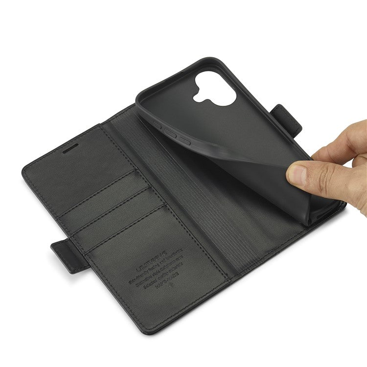 LC.IMEEKE For iPhone 16 Plus Leather Case Imprint Lines Phone Cover Wallet Stand - Black