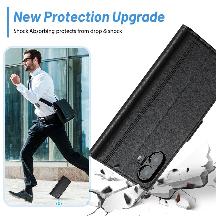 LC.IMEEKE For iPhone 16 Plus Leather Case Imprint Lines Phone Cover Wallet Stand - Black