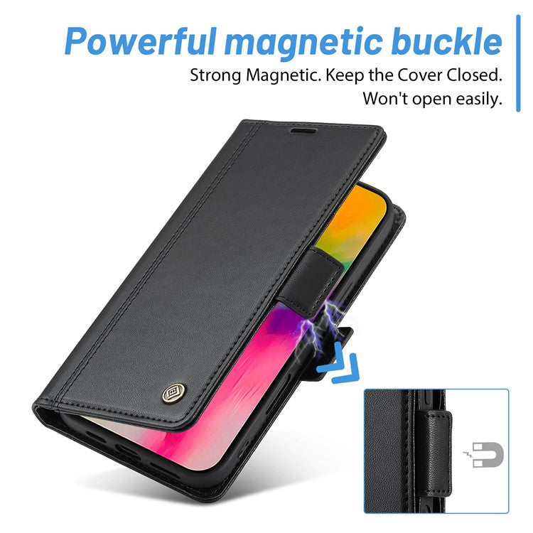 LC.IMEEKE For iPhone 16 Plus Leather Case Imprint Lines Phone Cover Wallet Stand - Black