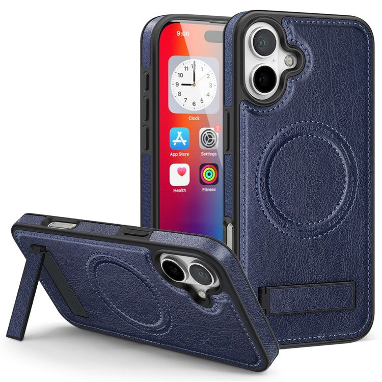 For iPhone 16 Plus Magnetic Case Leather Kickstand Phone Cover Compatible with MagSafe - Sapphire