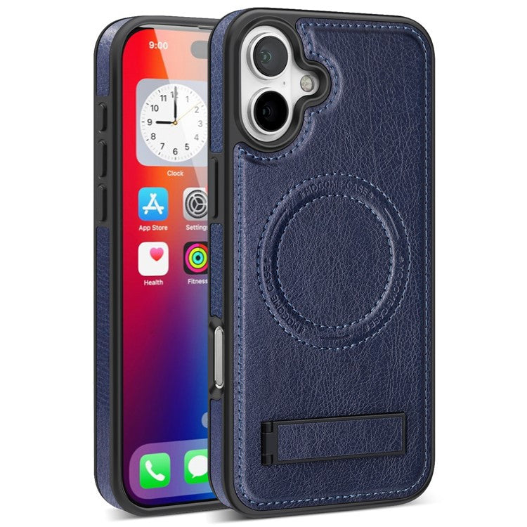 For iPhone 16 Plus Magnetic Case Leather Kickstand Phone Cover Compatible with MagSafe - Sapphire