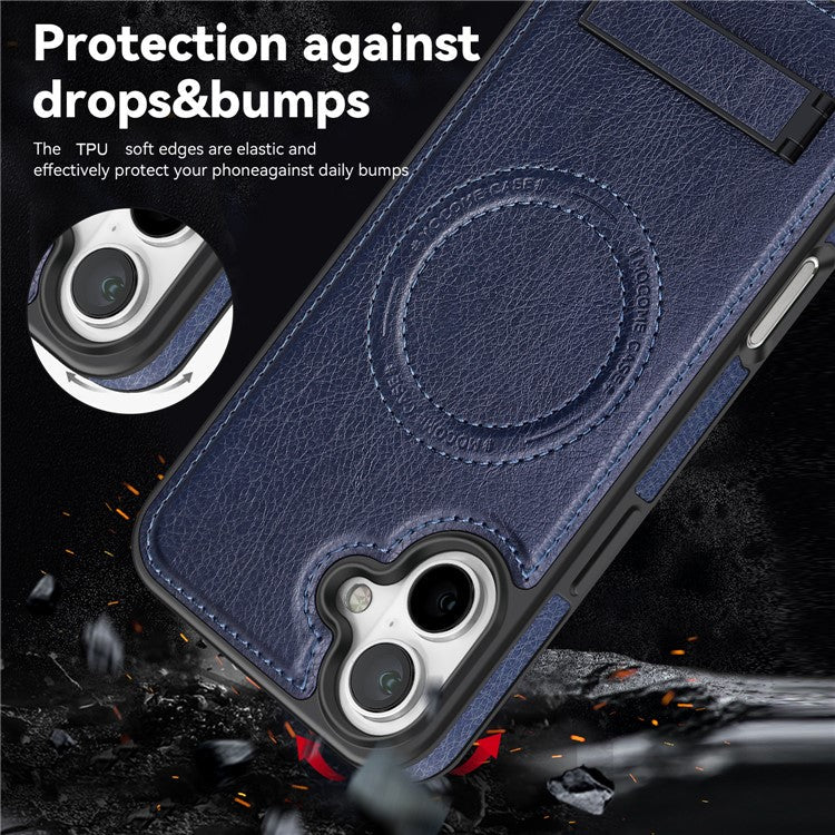 For iPhone 16 Plus Magnetic Case Leather Kickstand Phone Cover Compatible with MagSafe - Sapphire