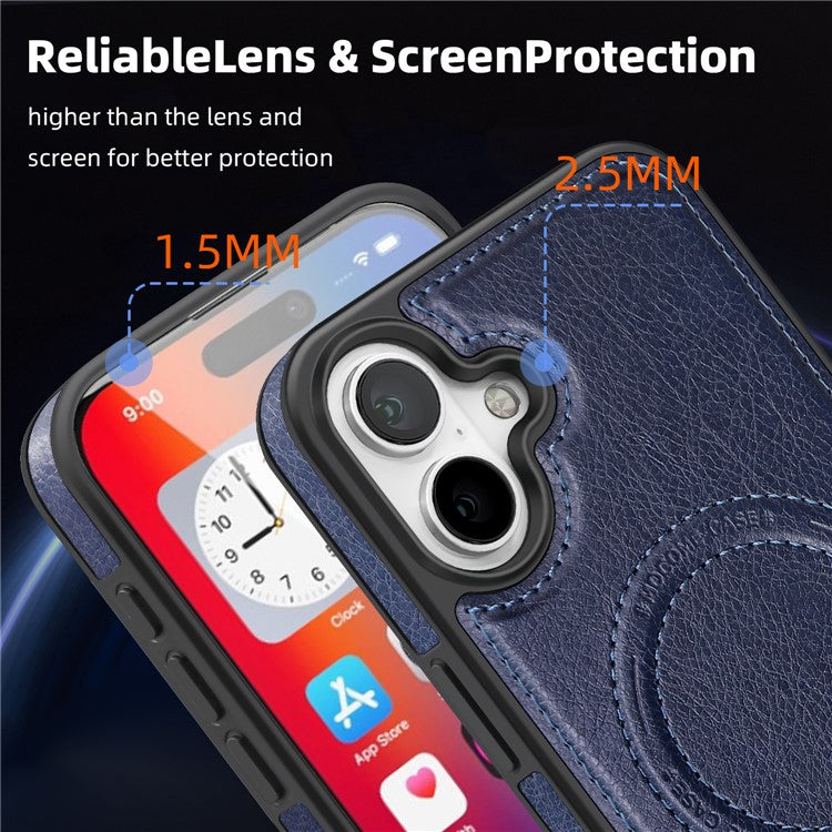 For iPhone 16 Plus Magnetic Case Leather Kickstand Phone Cover Compatible with MagSafe - Sapphire