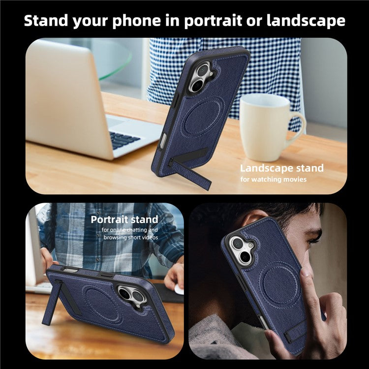 For iPhone 16 Plus Magnetic Case Leather Kickstand Phone Cover Compatible with MagSafe - Sapphire