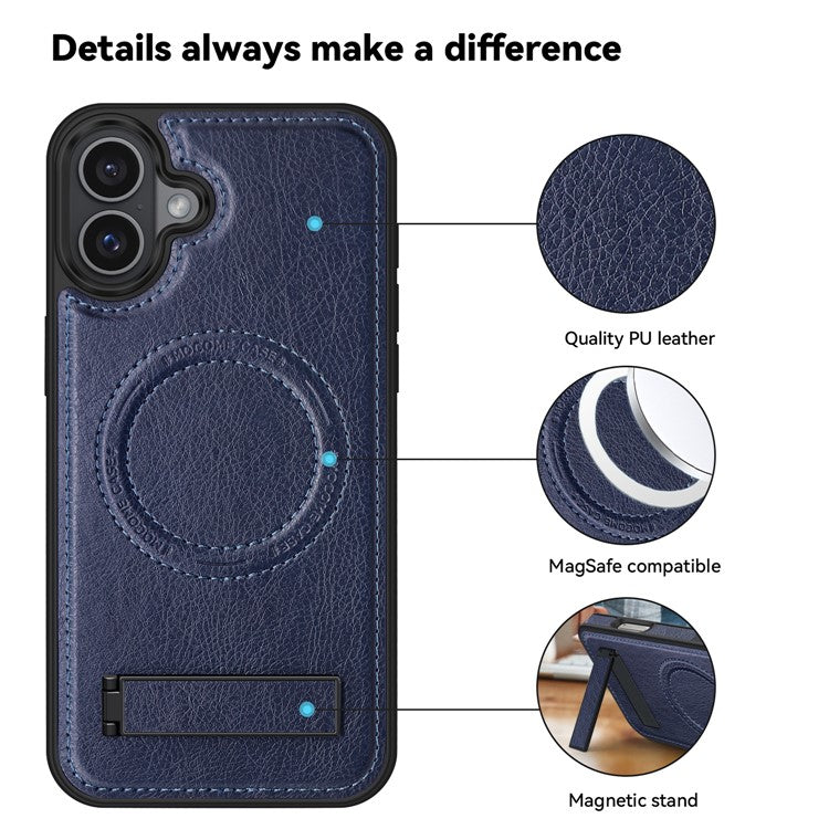 For iPhone 16 Plus Magnetic Case Leather Kickstand Phone Cover Compatible with MagSafe - Sapphire