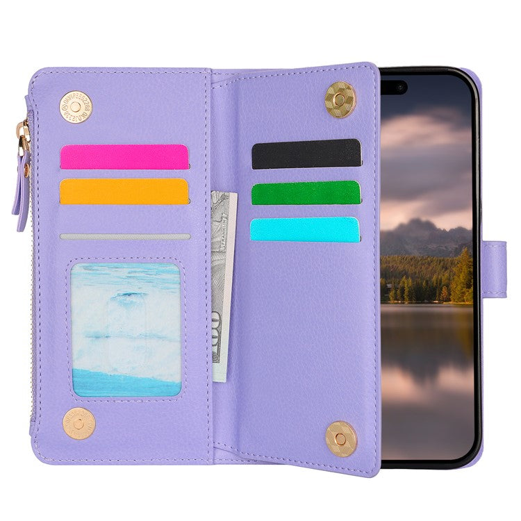 XL-001 For iPhone 16 Case Zipper Pocket Wristband Stand Leather Phone Cover - Purple