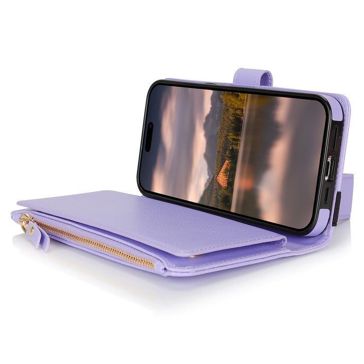 XL-001 For iPhone 16 Case Zipper Pocket Wristband Stand Leather Phone Cover - Purple