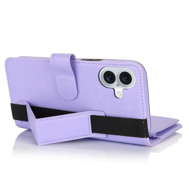 XL-001 For iPhone 16 Case Zipper Pocket Wristband Stand Leather Phone Cover - Purple
