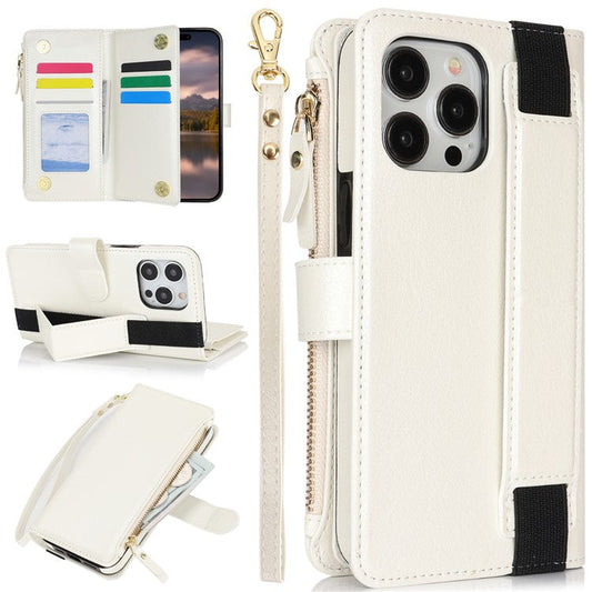 XL-001 For iPhone 16 Pro Case Zipper Pocket Wristband Stand Leather Phone Cover - White