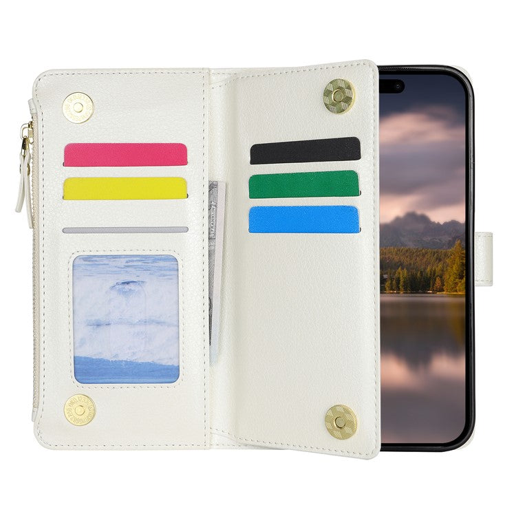 XL-001 For iPhone 16 Pro Case Zipper Pocket Wristband Stand Leather Phone Cover - White