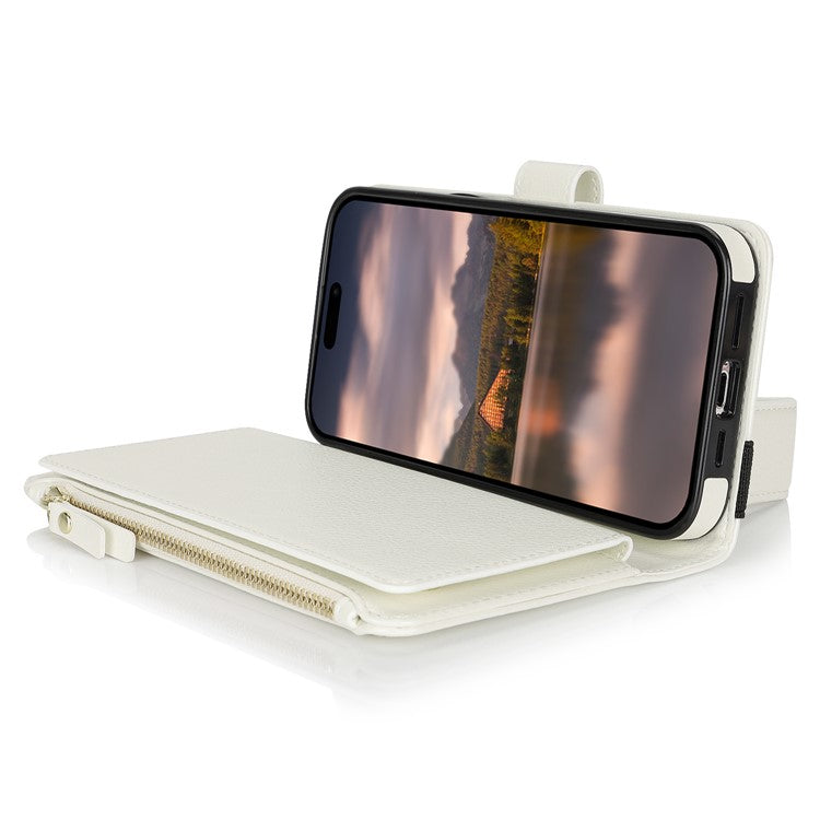 XL-001 For iPhone 16 Pro Case Zipper Pocket Wristband Stand Leather Phone Cover - White