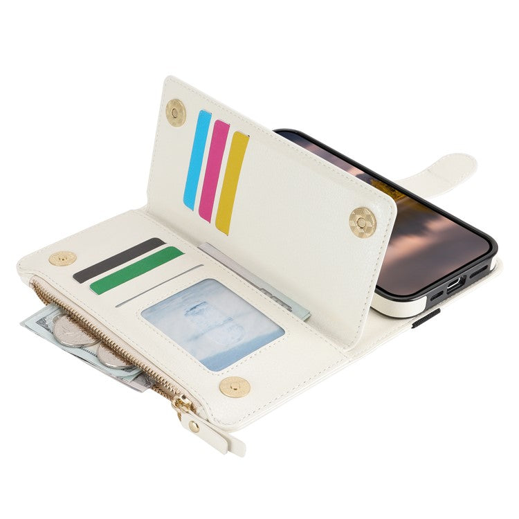 XL-001 For iPhone 16 Pro Case Zipper Pocket Wristband Stand Leather Phone Cover - White