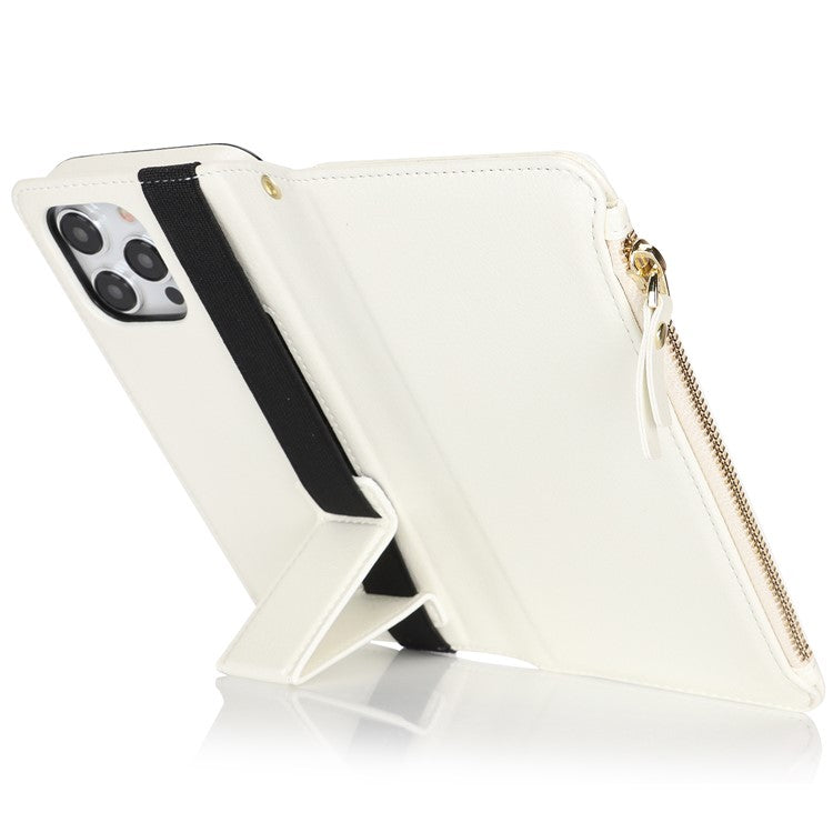 XL-001 For iPhone 16 Pro Case Zipper Pocket Wristband Stand Leather Phone Cover - White