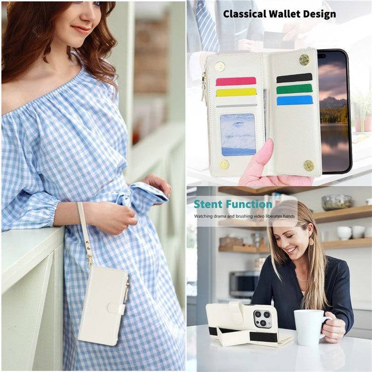 XL-001 For iPhone 16 Pro Case Zipper Pocket Wristband Stand Leather Phone Cover - White
