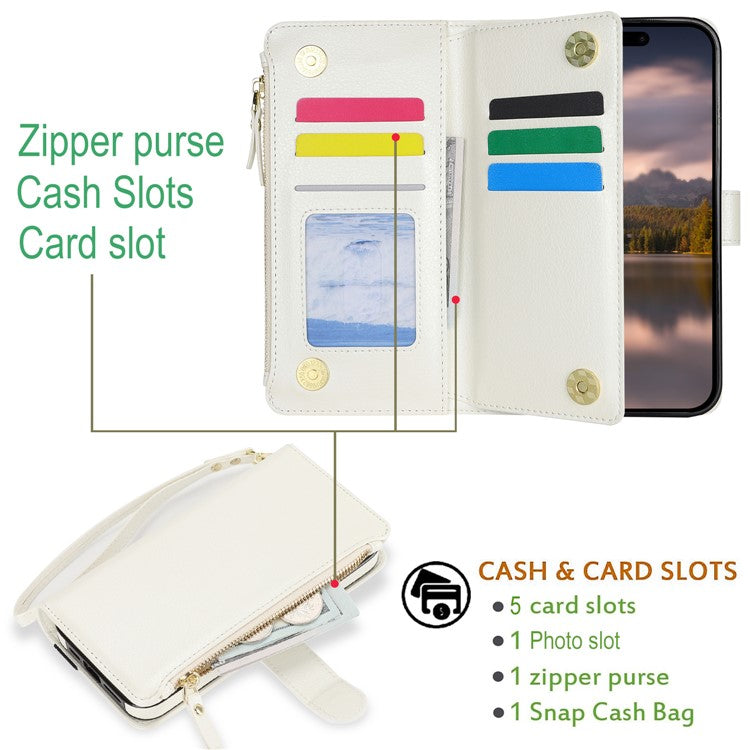 XL-001 For iPhone 16 Pro Case Zipper Pocket Wristband Stand Leather Phone Cover - White