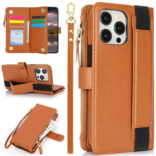 XL-001 For iPhone 16 Pro Max Case Zipper Pocket Wristband Stand Leather Phone Cover - Brown