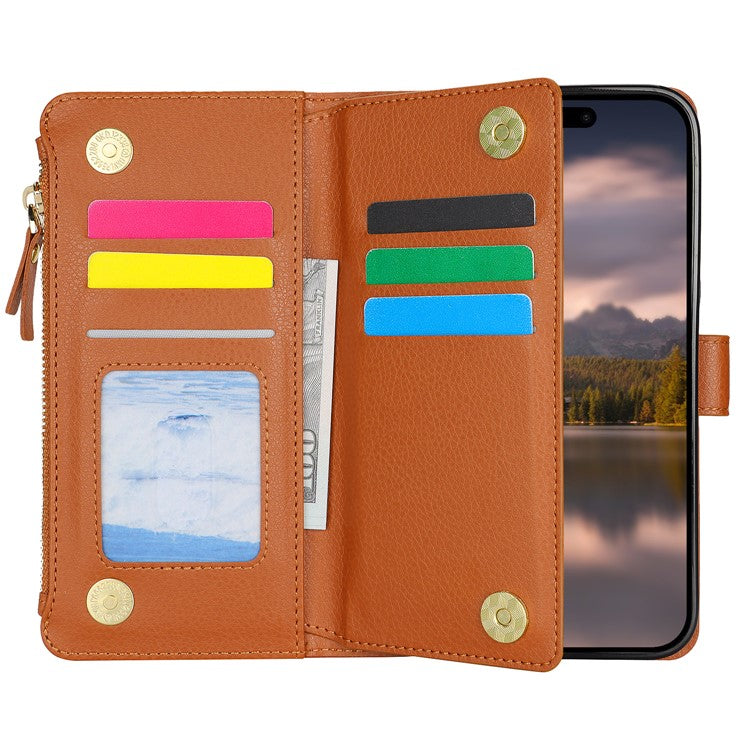 XL-001 For iPhone 16 Pro Max Case Zipper Pocket Wristband Stand Leather Phone Cover - Brown
