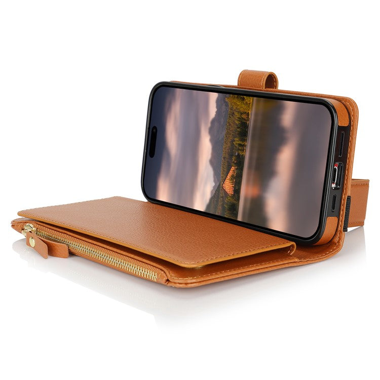 XL-001 For iPhone 16 Pro Max Case Zipper Pocket Wristband Stand Leather Phone Cover - Brown
