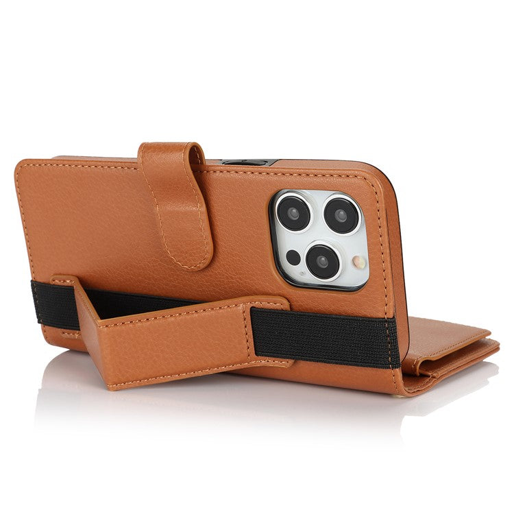 XL-001 For iPhone 16 Pro Max Case Zipper Pocket Wristband Stand Leather Phone Cover - Brown