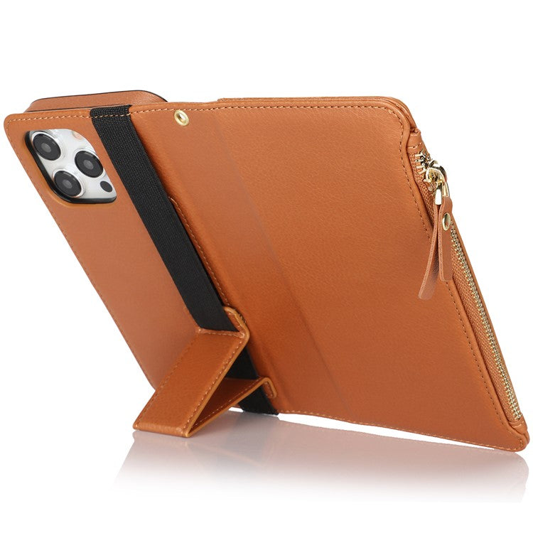XL-001 For iPhone 16 Pro Max Case Zipper Pocket Wristband Stand Leather Phone Cover - Brown