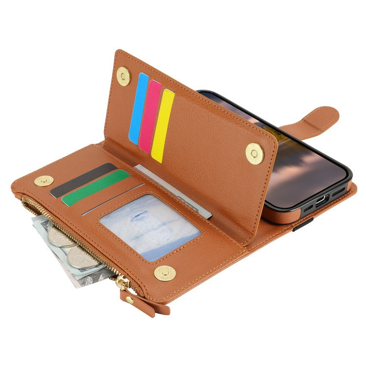 XL-001 For iPhone 16 Pro Max Case Zipper Pocket Wristband Stand Leather Phone Cover - Brown