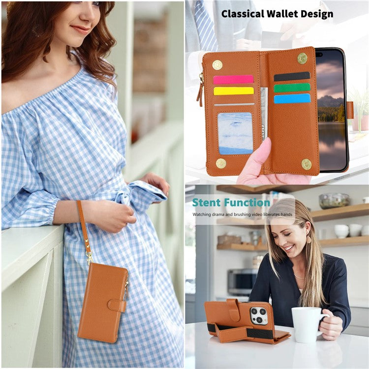 XL-001 For iPhone 16 Pro Max Case Zipper Pocket Wristband Stand Leather Phone Cover - Brown