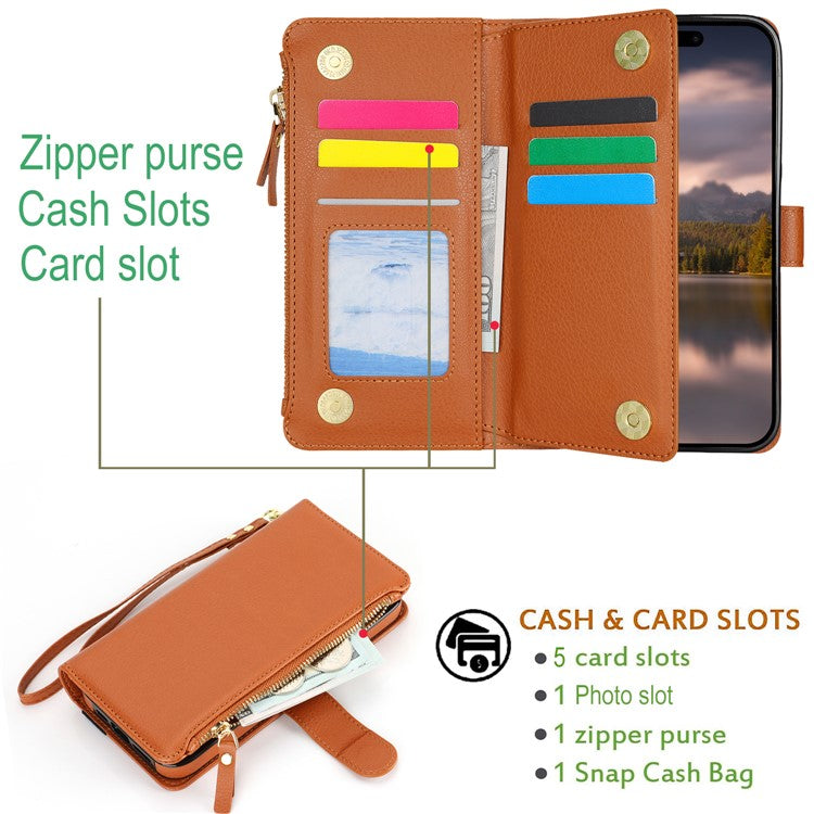 XL-001 For iPhone 16 Pro Max Case Zipper Pocket Wristband Stand Leather Phone Cover - Brown