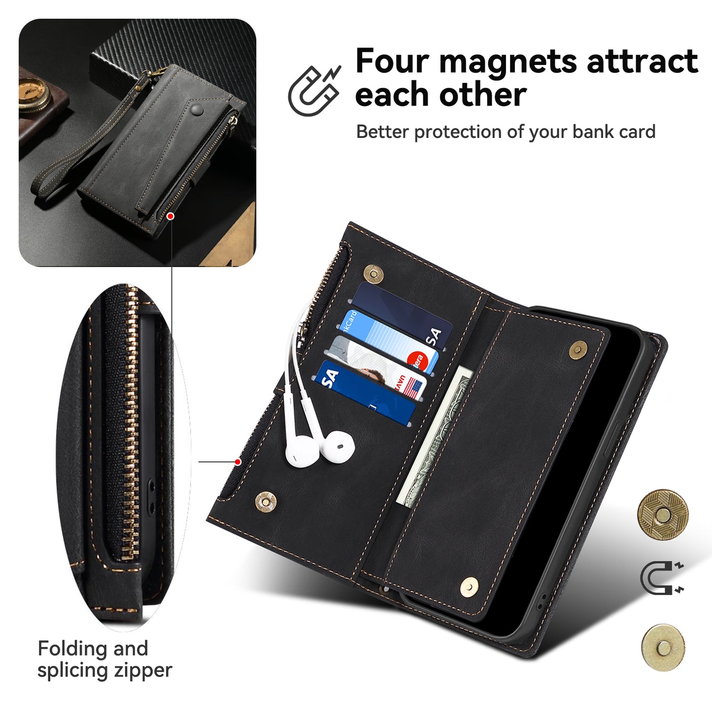ESEBLE Star Series For Samsung Galaxy A16 5G / A16 4G Case Zipper Wallet Leather Stand Phone Cover - Black