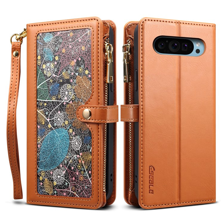 ESEBLE Galaxy Series For Google Pixel 9 / Pixel 9 Pro Case Leather Zipper Phone Cover RFID Blocking - Brown