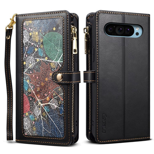 ESEBLE Galaxy Series For Google Pixel 9 / Pixel 9 Pro Case Leather Zipper Phone Cover RFID Blocking - Black