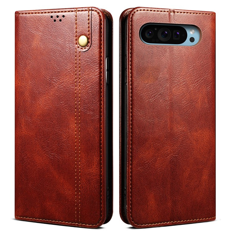 For Google Pixel 9 / Pixel 9 Pro Case Crazy Horse Texture Waxy Leather Wallet Stand Cover - Brown