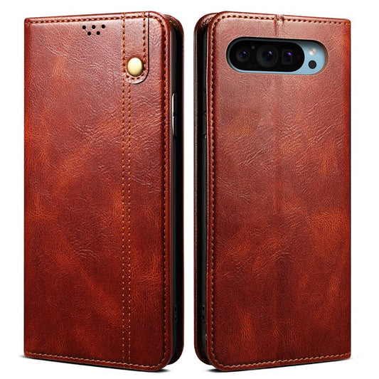 For Google Pixel 9 / Pixel 9 Pro Case Crazy Horse Texture Waxy Leather Wallet Stand Cover - Brown