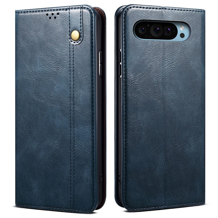 For Google Pixel 9 / Pixel 9 Pro Case Crazy Horse Texture Waxy Leather Wallet Stand Cover - Blue