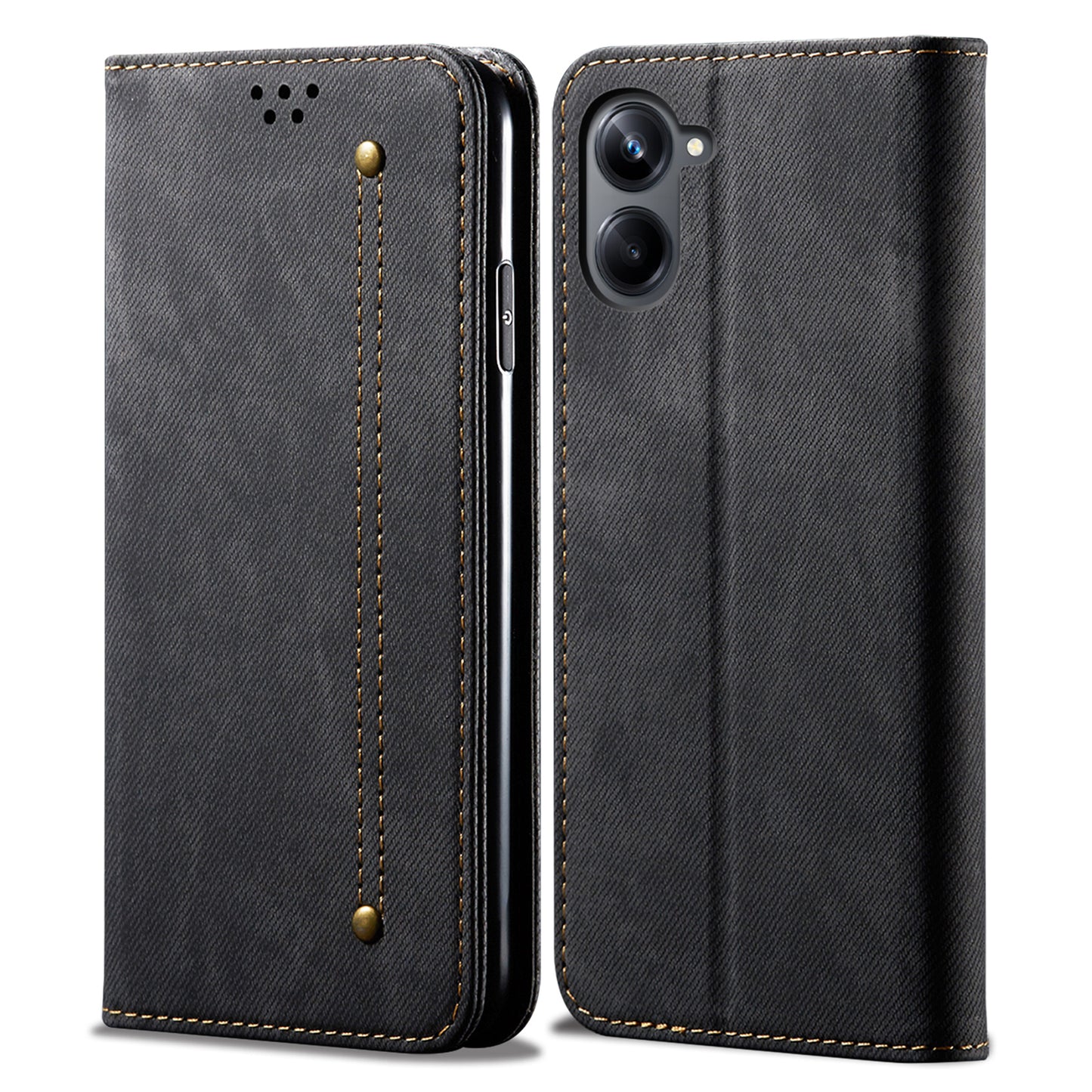 For Samsung Galaxy A06 Case Jeans Cloth Texture Anti-Scratch Leather Stand Phone Cover - Black