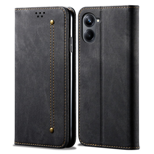 For Samsung Galaxy A06 Case Jeans Cloth Texture Anti-Scratch Leather Stand Phone Cover - Black