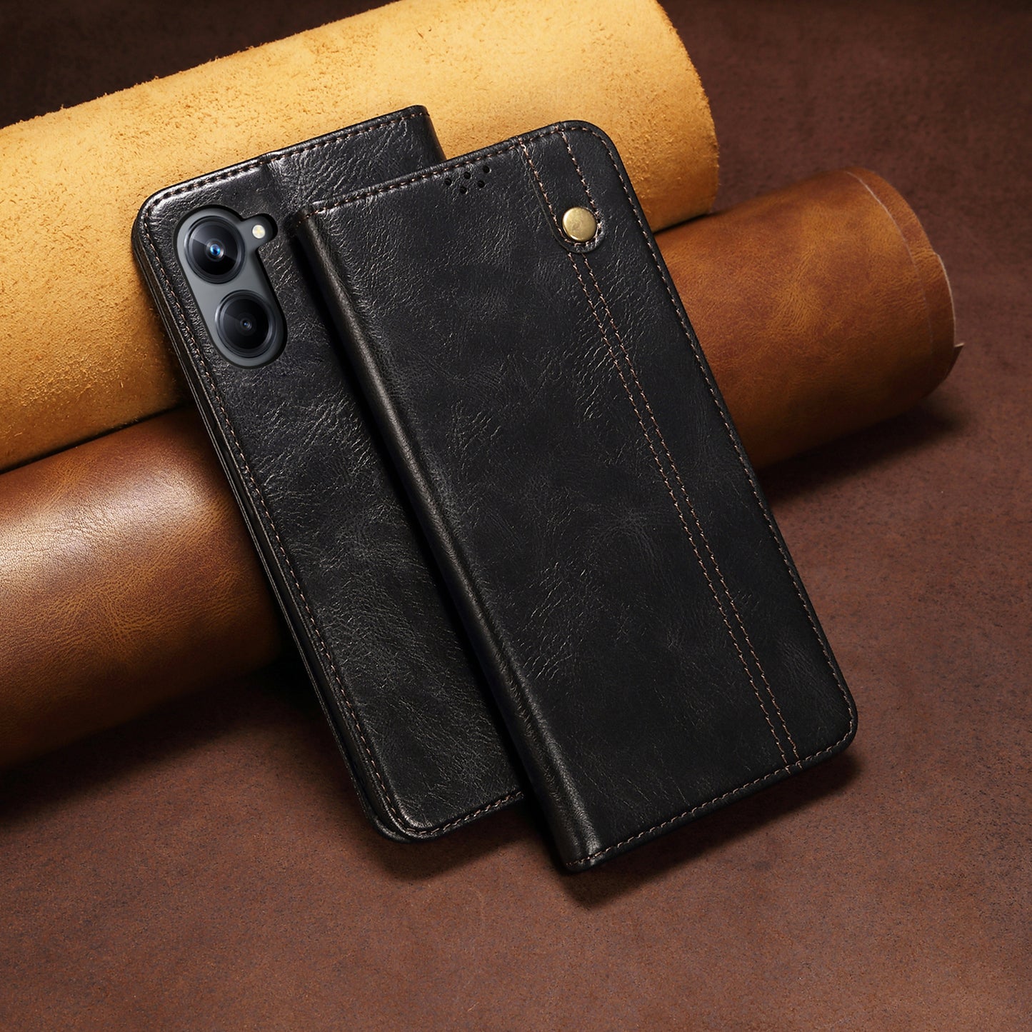 For Samsung Galaxy A06 Case Crazy Horse Texture Waxy Leather Wallet Stand Cover - Black