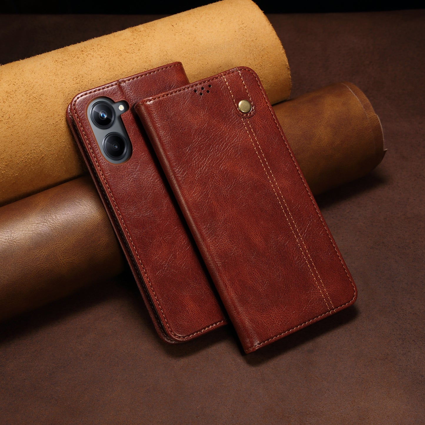 For Samsung Galaxy A06 Case Crazy Horse Texture Waxy Leather Wallet Stand Cover - Brown