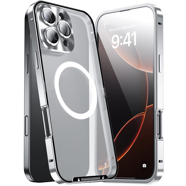 For iPhone 16 Pro Case Compatible with MagSafe Metal Frame Matte Phone Cover - Silver