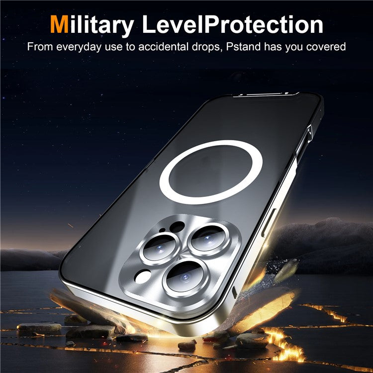 For iPhone 16 Pro Case Compatible with MagSafe Metal Frame Matte Phone Cover - Silver