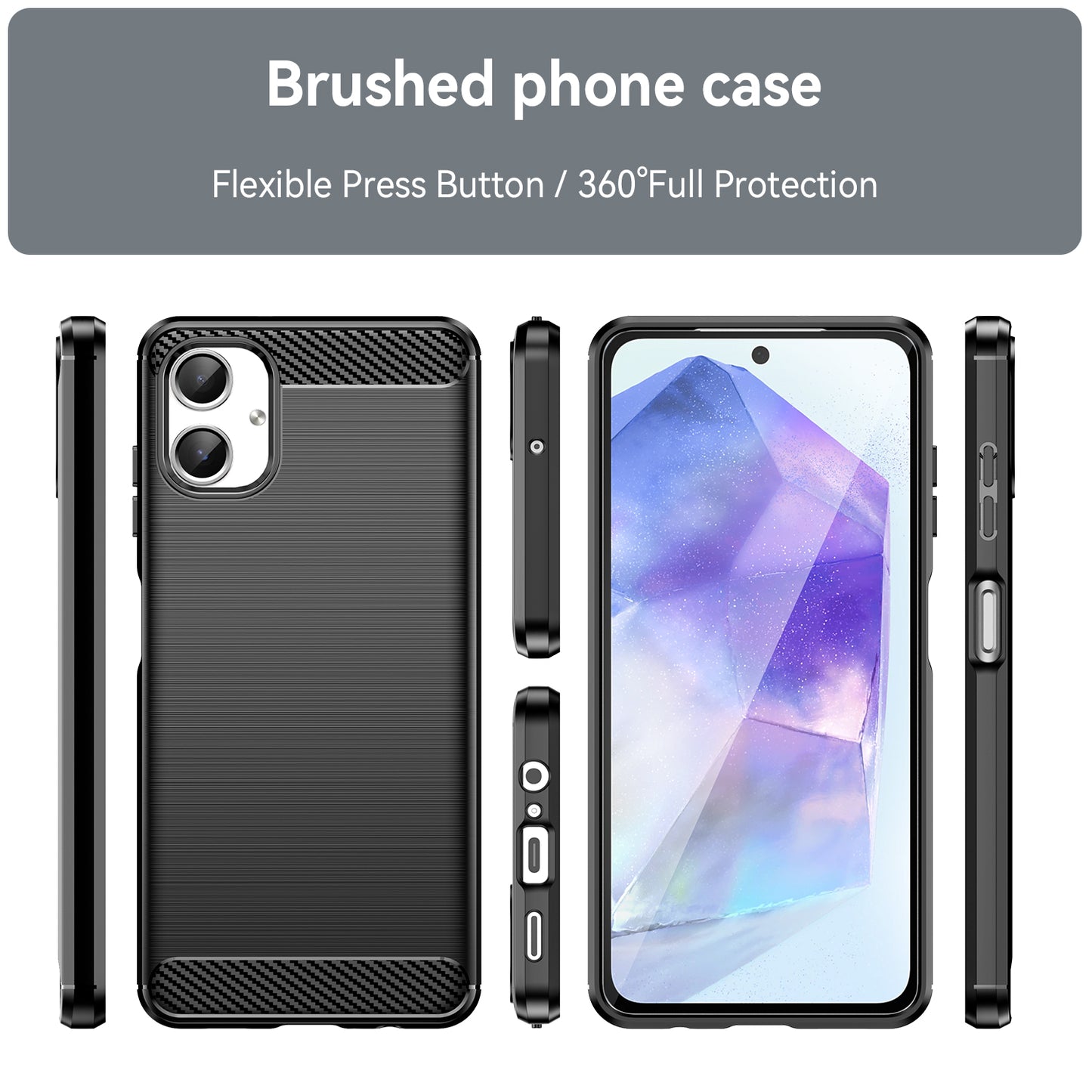 For Samsung Galaxy A06 Case Carbon Fiber Texture TPU Brushed Phone Cover - Black