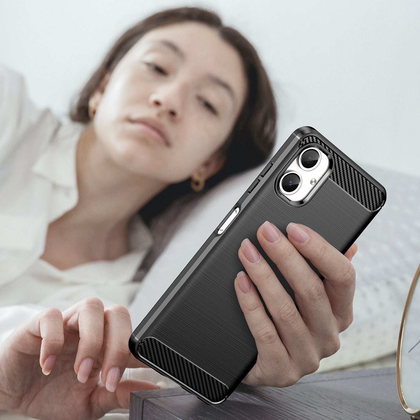 For Samsung Galaxy A06 Case Carbon Fiber Texture TPU Brushed Phone Cover - Black