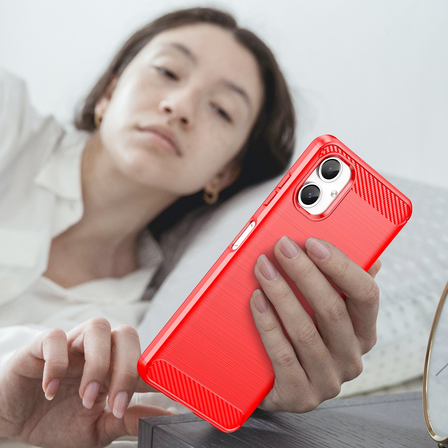 For Samsung Galaxy A06 Case Carbon Fiber Texture TPU Brushed Phone Cover - Red