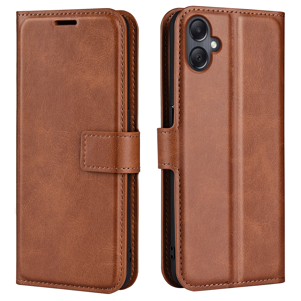 For Samsung Galaxy A06 Stand Case Anti-Scratch Calf Texture Leather Phone Cover - Light Brown
