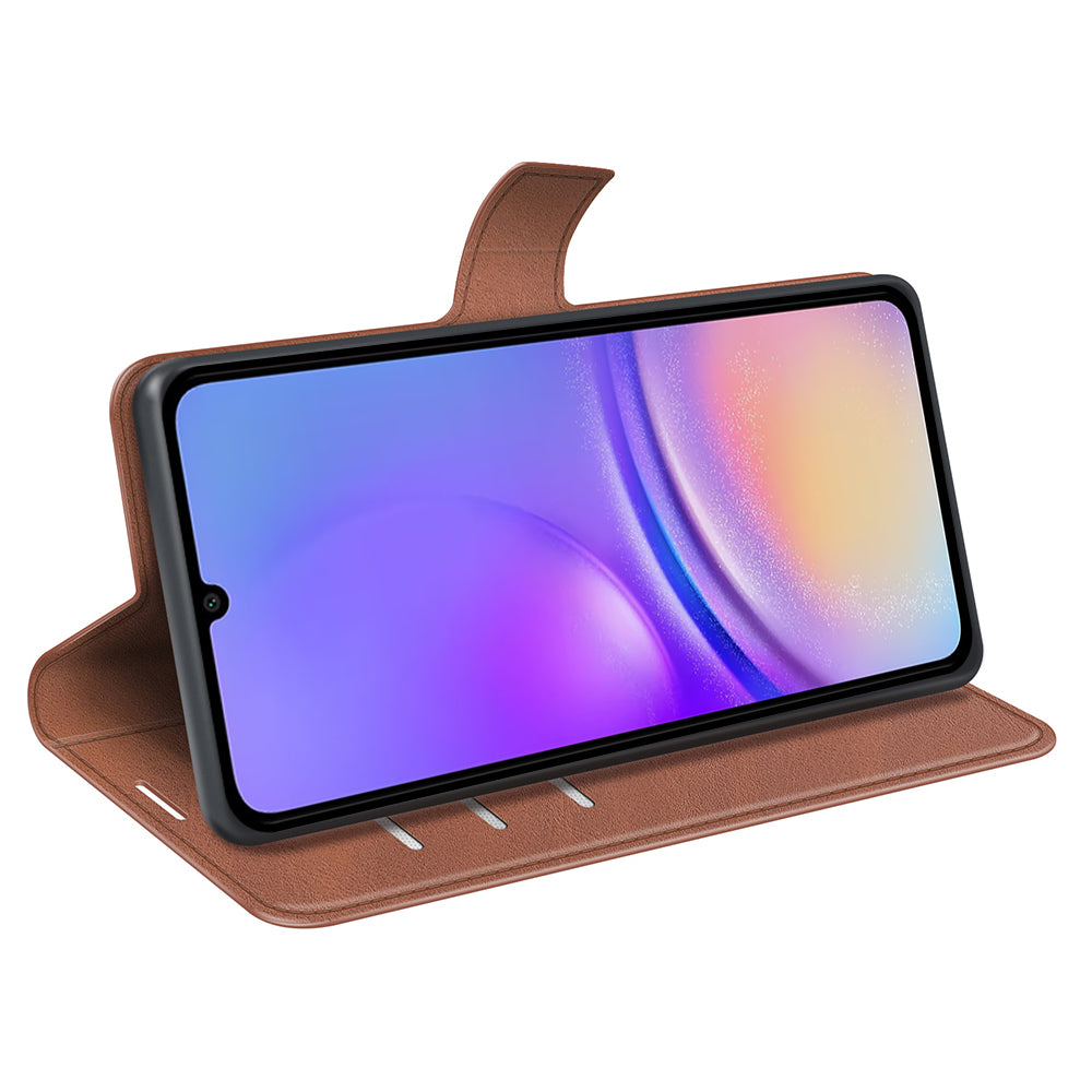 For Samsung Galaxy A06 Stand Case Anti-Scratch Calf Texture Leather Phone Cover - Light Brown