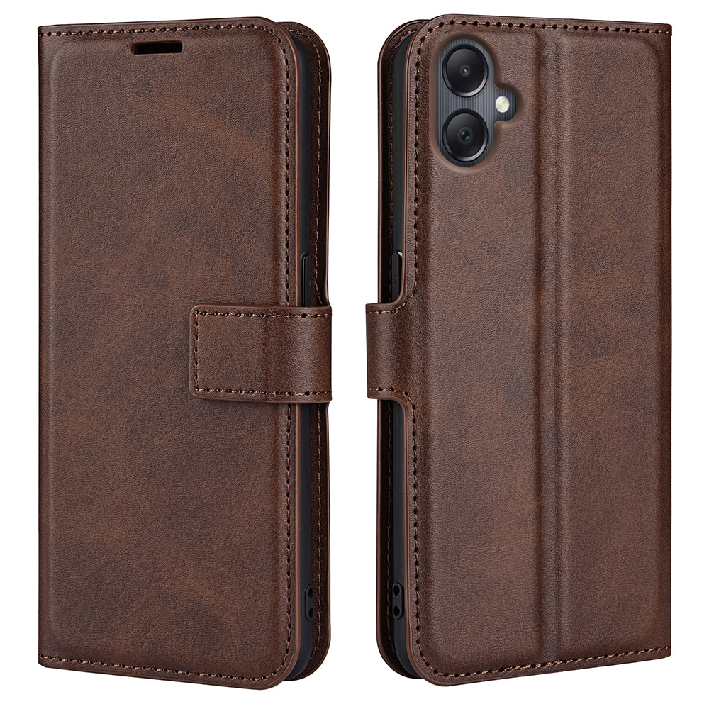 For Samsung Galaxy A06 Stand Case Anti-Scratch Calf Texture Leather Phone Cover - Brown