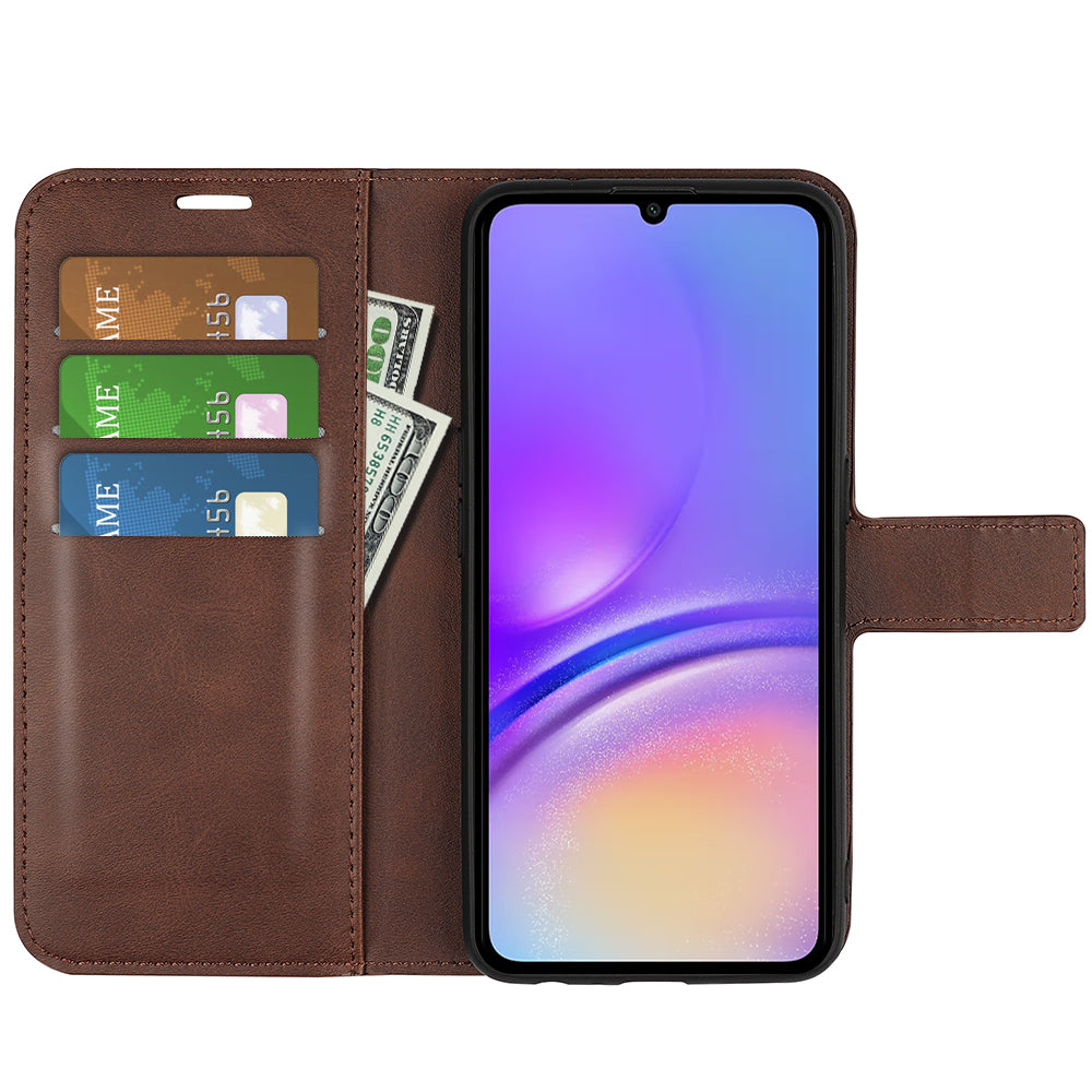 For Samsung Galaxy A06 Stand Case Anti-Scratch Calf Texture Leather Phone Cover - Brown