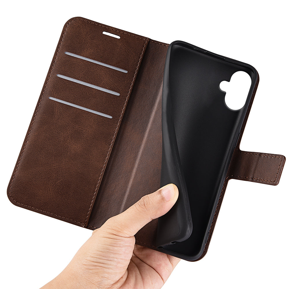 For Samsung Galaxy A06 Stand Case Anti-Scratch Calf Texture Leather Phone Cover - Brown