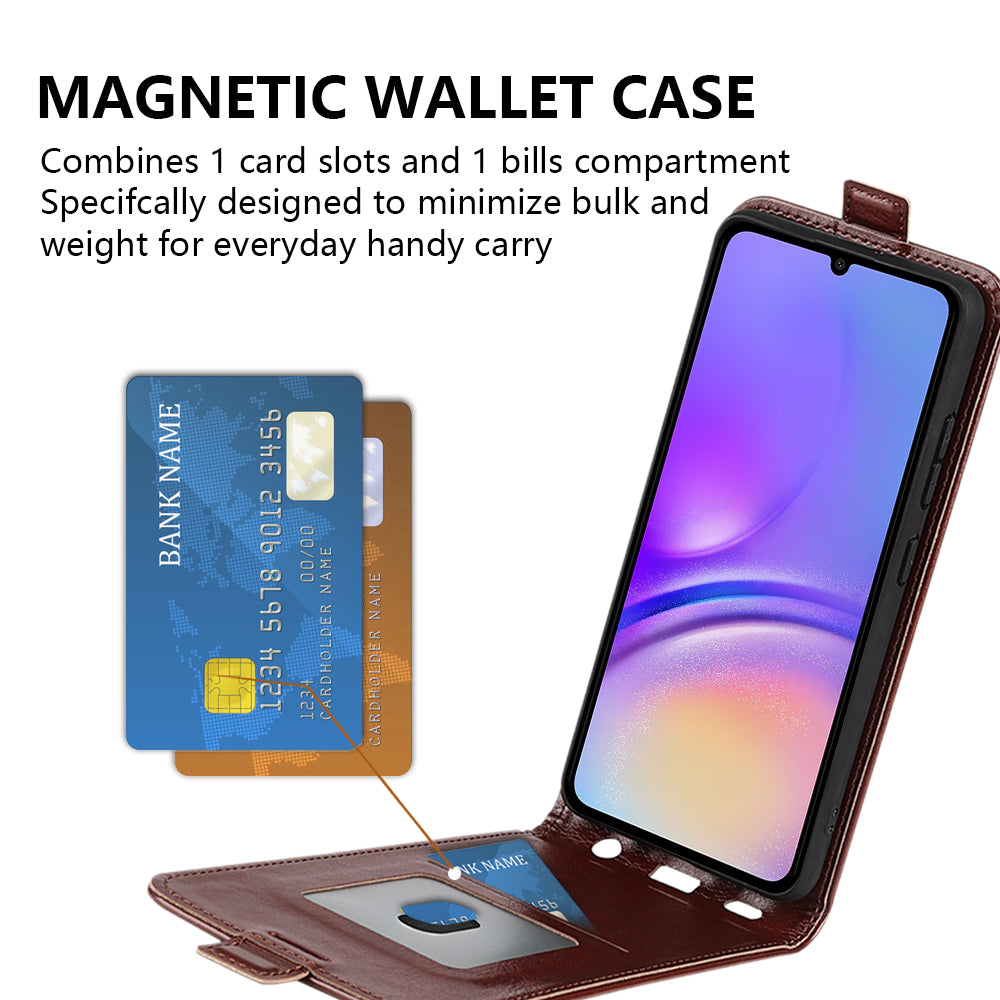 For Samsung Galaxy A06 Case with Card Slots Vertical Flip Leather Phone Cover - Brown