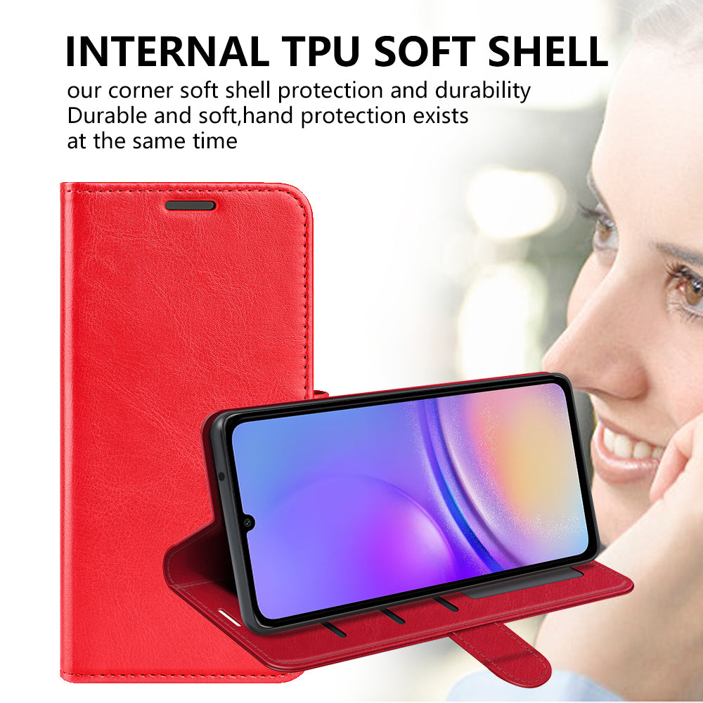 For Samsung Galaxy A06 Wallet Case Crazy Horse Texture Stand Leather Phone Cover - Red