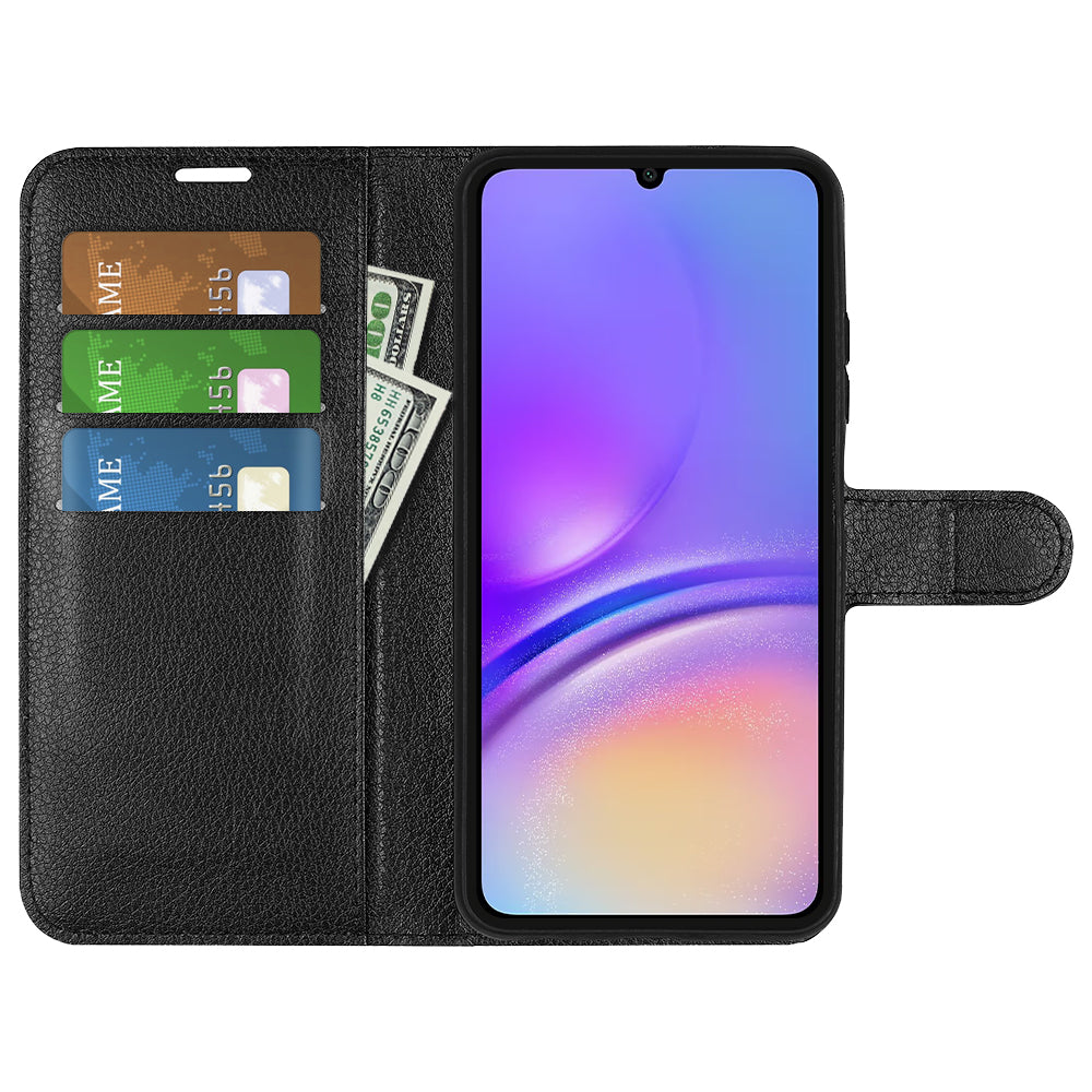 For Samsung Galaxy A06 Case Litchi Texture Shockproof Leather Wallet Phone Cover - Black